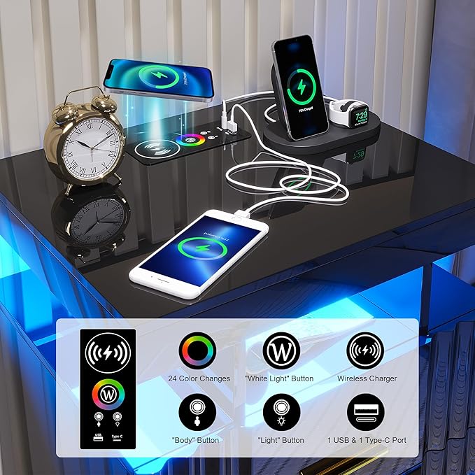 Nightstand with Wireless Charging Station, Bedroom Bedside Table with RGB Lights