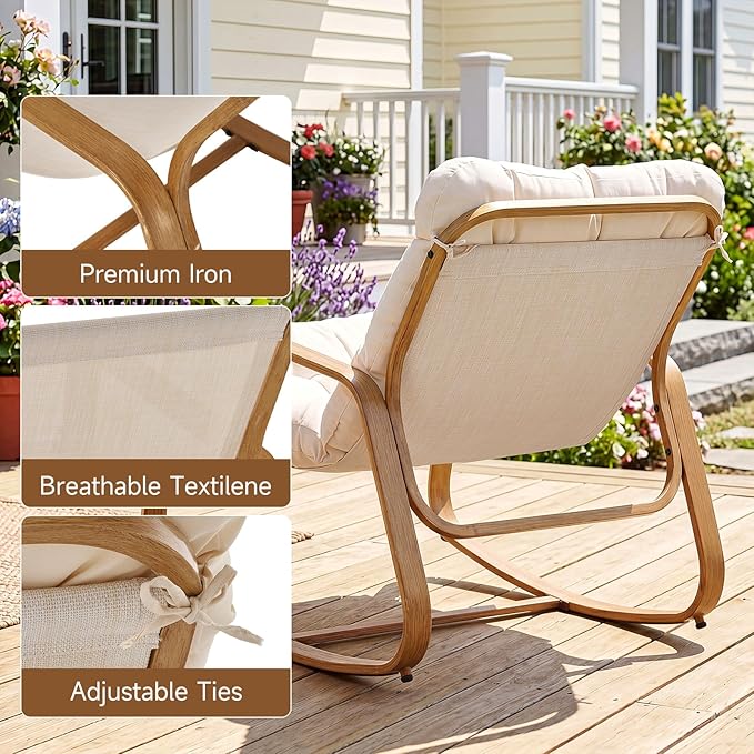 ONBRILL Rocking Chair with Thick Cushion Outdoor Indoor, Premium Iron Wood