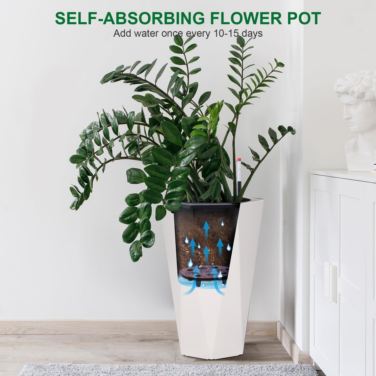 STMHOM 22.4 Inch Tall Planters for Outdoor Indoor Plants Set of 2, Tapered Large Flower Pots with 2 Trays and a Water Level Monitor Planter Pots, Plant Pot for Patio, Balcony, Lounge