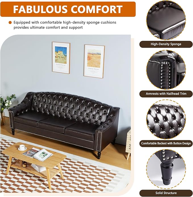 LEVNARY Mid-Century Modern Leather Couch, Chesterfield Sofa Sleeper Settee