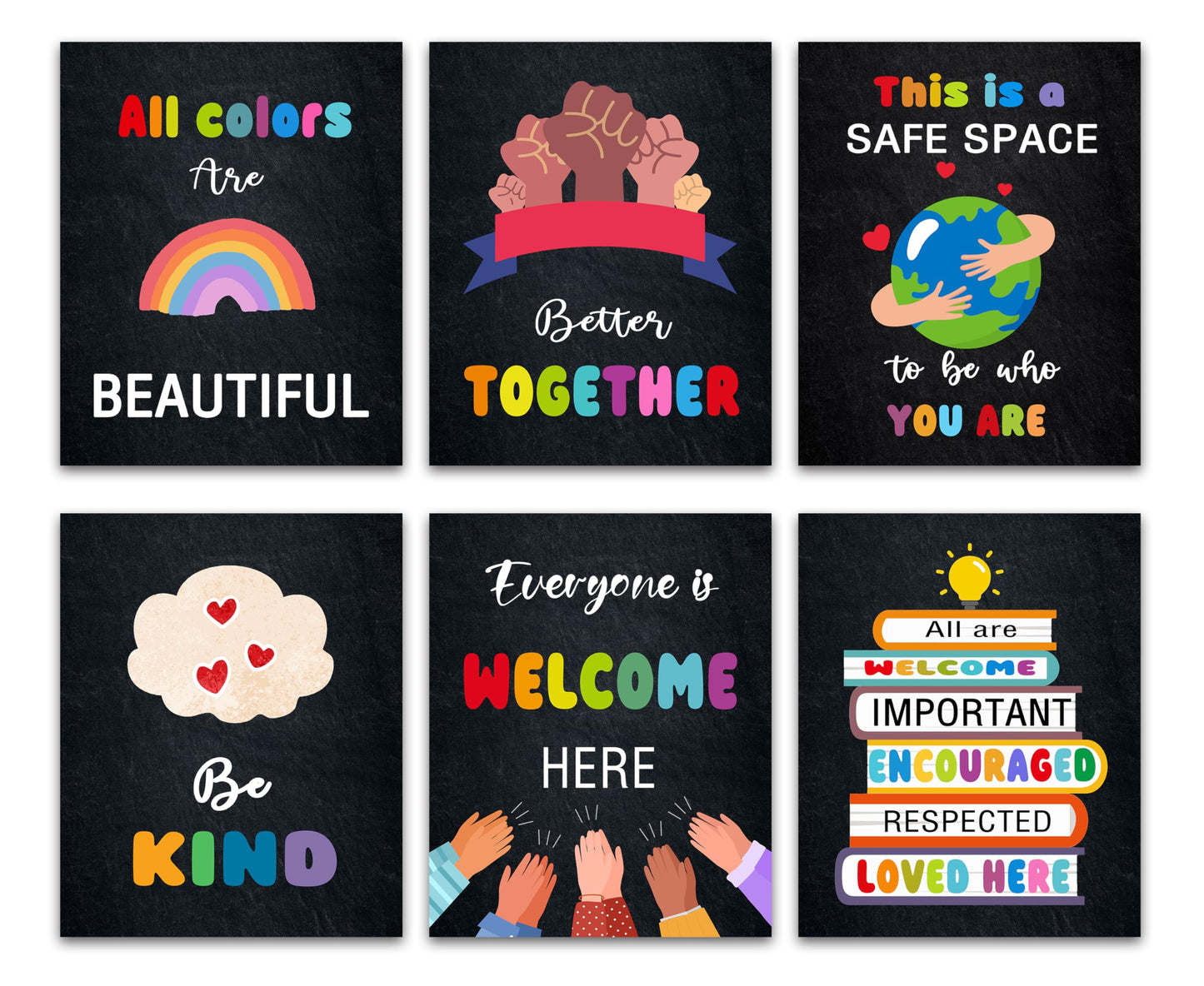 KDMAZH Kindness Diversity Posters - 6 Diversity Decorations for Elementary Classroom Decor, 8x10Inch, Unframed