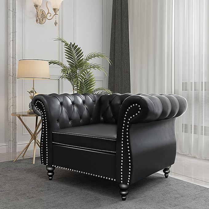 2 Piece Living Room Set, Chesterfield Leather Sofa Couch Chair
