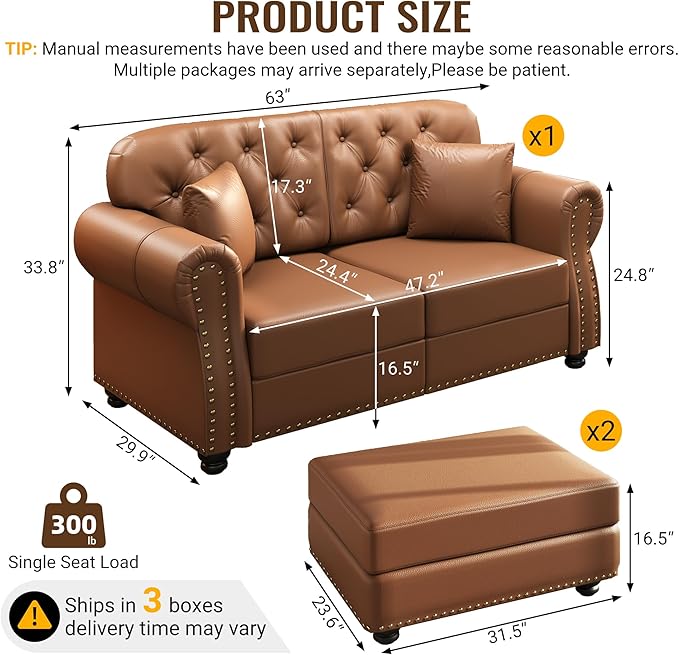 KEIKI 63" Faux Leather Chesterfield Sofa