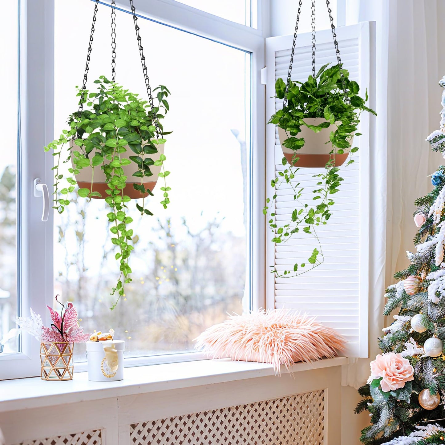 Kvetto Set of 2 Hanging Planters for Indoor Outdoor Plants, 8 Inch Self-Watering Hanging Flower Pots with Drainage Hole & Removable Water-Storage Tray (Hooks)
