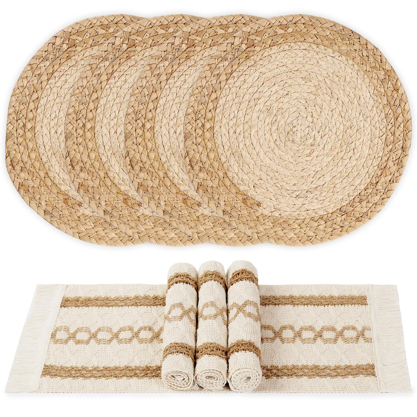 YANGQIHOME Boho Placemats Set of 4, Farmhouse Rustic Woven Placemats for Dining Table Decor, Handmade Braided Place Mats in Natural Cotton Jute and Water Straw for Kitchen Table