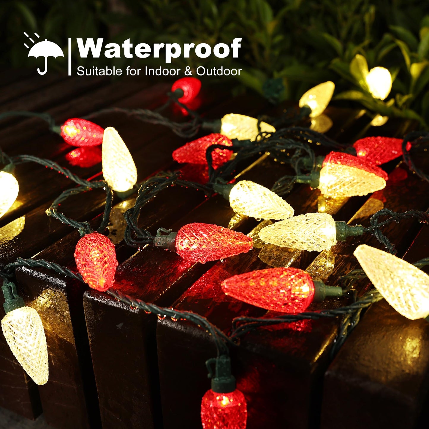 Brizled Red & Warm White Christmas Lights, 66ft 100 LED C9 Christmas Lights, Connectable Outdoor Faceted Strawberry Light String, 120V UL Certified Indoor Xmas Tree Light for Home Holiday Party Decor