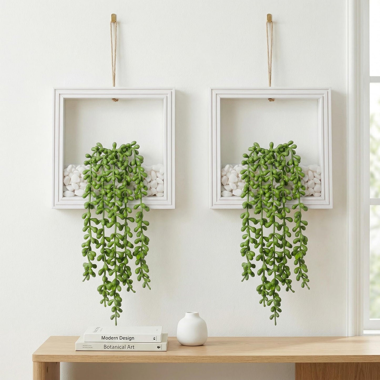 FancyPlus 2 Pack Fake Plants Hanging, Artificial Succulents Plants in Square Wooden Frame with LED Lights, Boho Wall Decor for Office Living Room Bathroom Bedroom Kitchen Indoor Outdoor, White