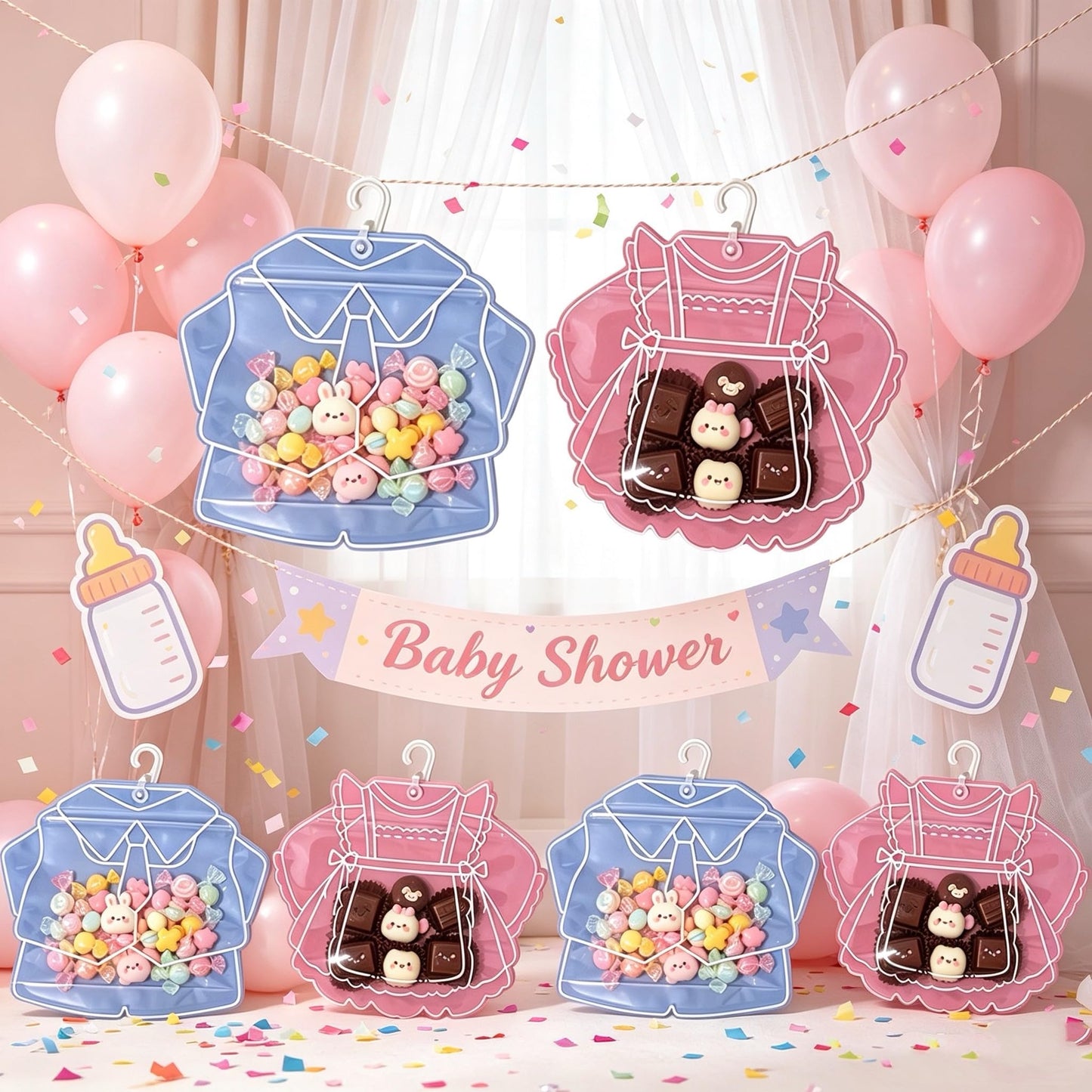 KTBANBANNEY 30 Pack Birthday Party Favor Bags, Cute Outfit Shaped Clear Zipper Gift Bags with Hook, Reusable Goodie Bags for Baby Shower, Candy Treat Pouches for Party Supplies