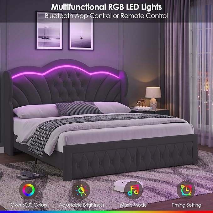 Keyluv Queen Bed Frame with LED Lights and 2 Storage Drawers, Velvet