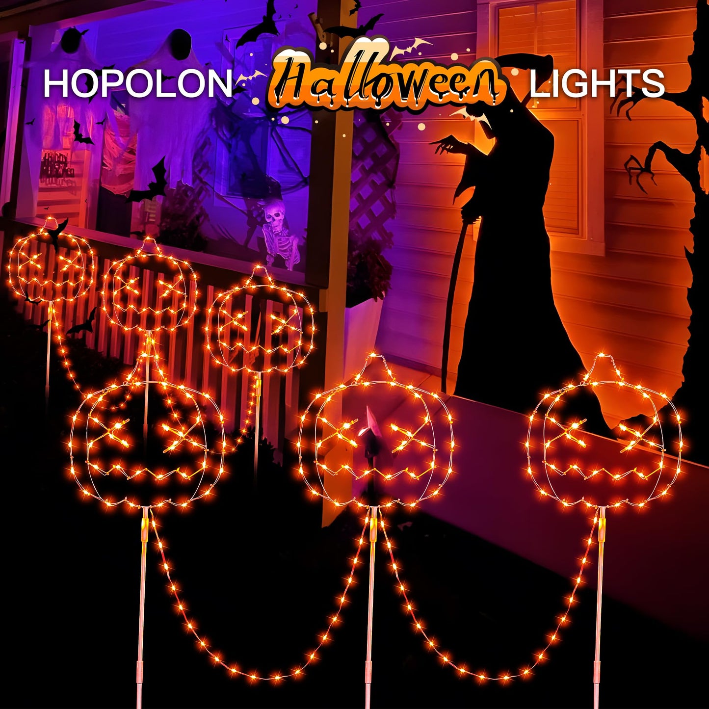 Halloween Walkway Lights,3PACK Hopolon Pumpkin Lights Halloween Decorations Outdoor Light Orange Plug-in Pumpkin Stake Light Pathway with IP44 Waterproof, 8Modes for Holiday Home Garden Yard Decor