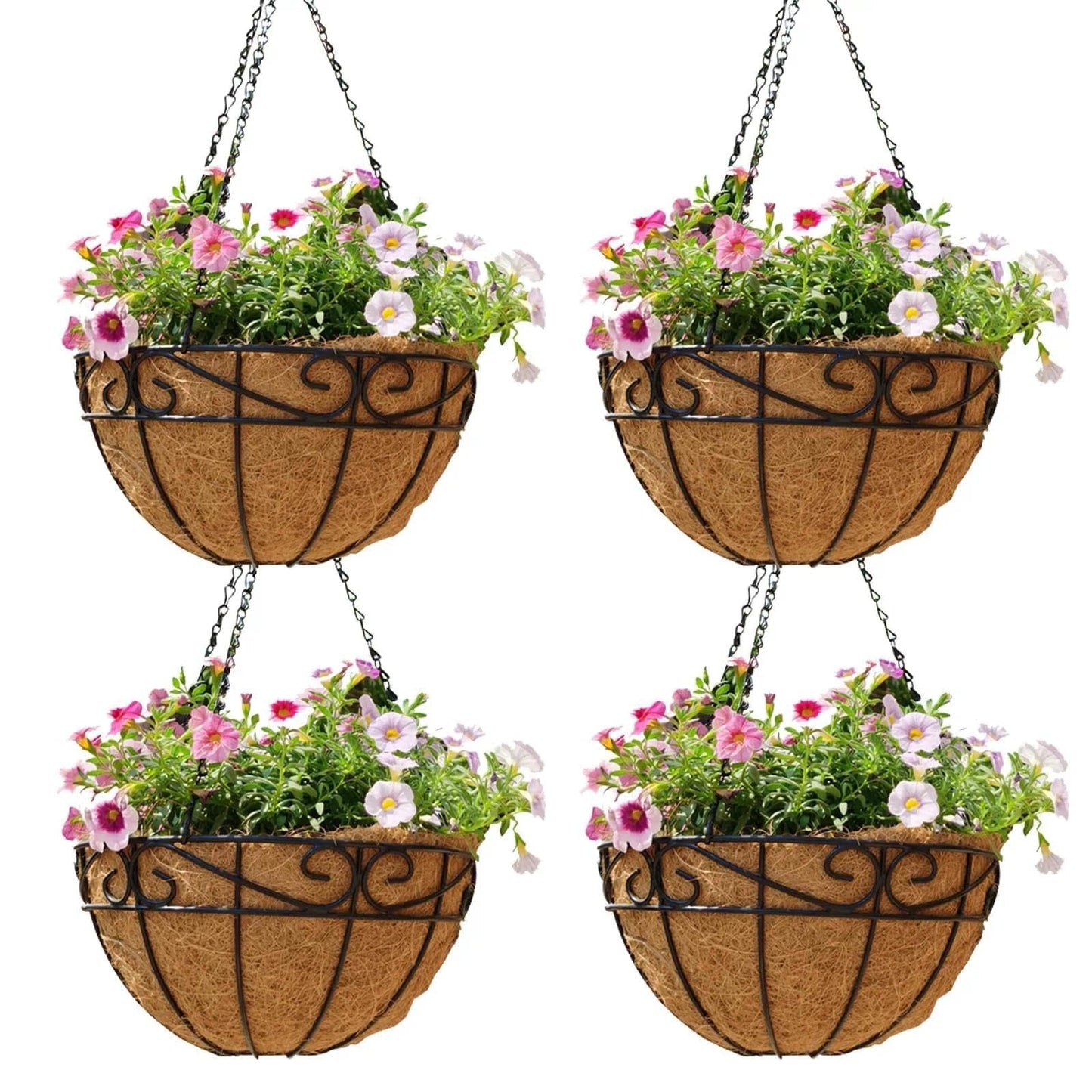 Qusuxi 4 Pack 10 Inch Hanging Baskets for Plants Outdoor Metal Hanging Planter Hanging Flower Baskets with Coco Fiber Liners Chain Round Wire Plant Holder Hangings Flower Pots(Plaid)