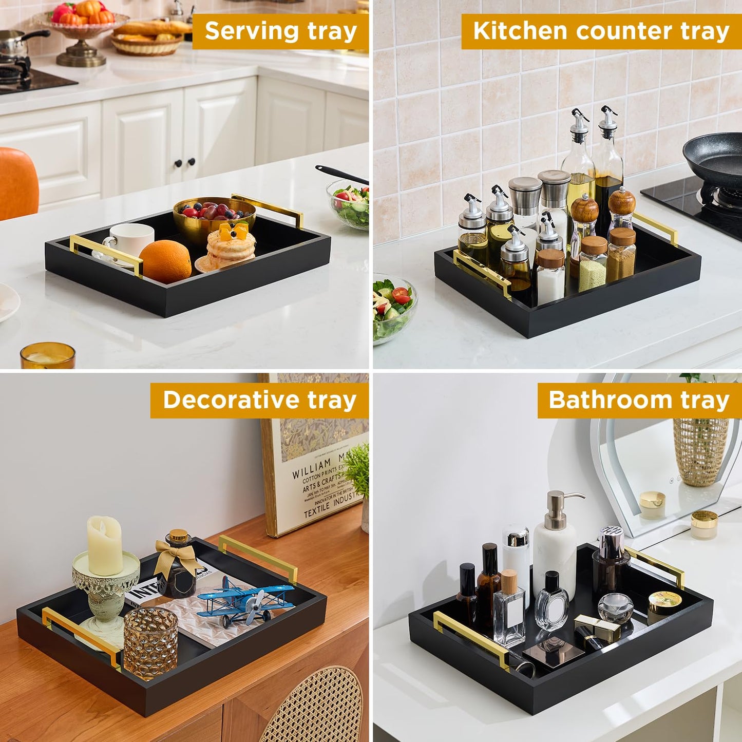 16"x12" Serving Trays with Handles, Black Decorative Serving Tray, Ottoman Trays for, Living Room, Bathroom, and Outdoors Decorative Trays (Black)