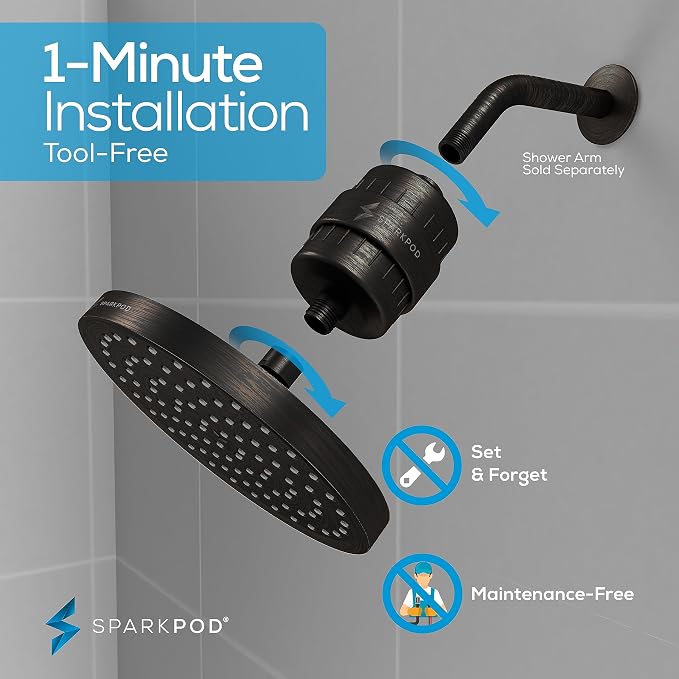 SparkPod 23-Stage Filtered Shower Head, 8" Round, Oil-Rubbed Bronze | Filtered Shower Head for Hard Water Filter, High Pressure, Reduces Chlorine, Heavy Metals, For Dry Skin & Hair