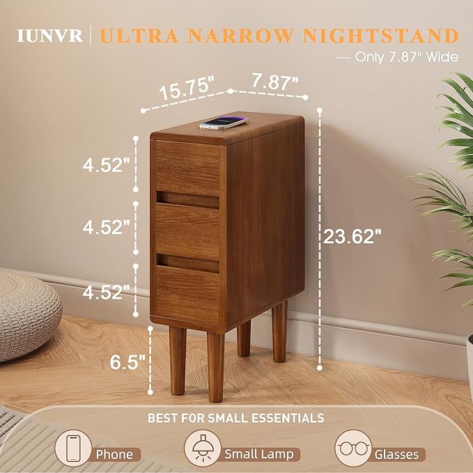 Narrow Nightstand with 3 Drawers Narrow Night Stand Solid Wood Bedside Table