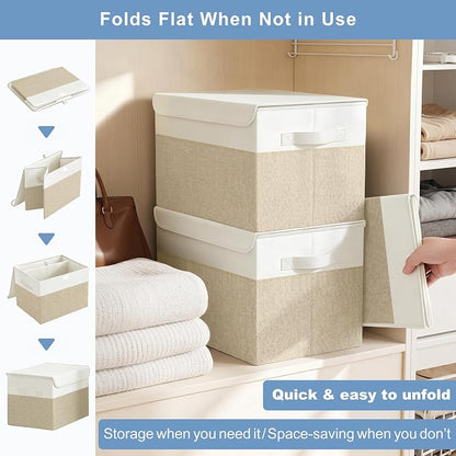 Bagnizer Large 22 Quart Linen Fabric Foldable Storage Bin Cube Organizer Basket with Flip-Top Lid & Handles, Clothes Blanket Box for Home, Office, Closet, Beige & White, 4 Pack 14.6 x 9.5 x 9.5”