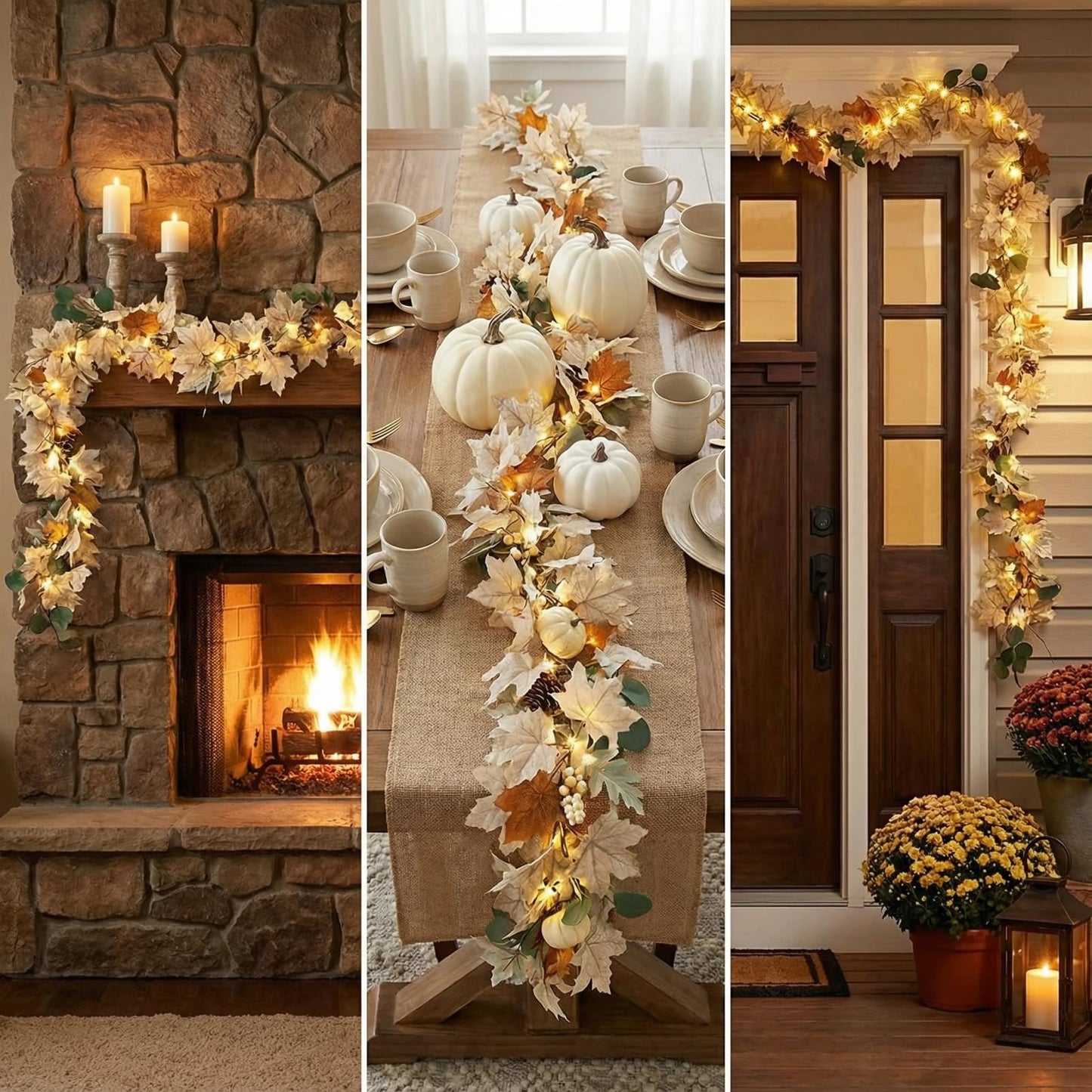 Pre - Lit Fall Garland, Fall Decor with Maple Leaves & Pumpkins, 6FT Seasonal Wreath for Home Decorations & Displays (Warm Lights)