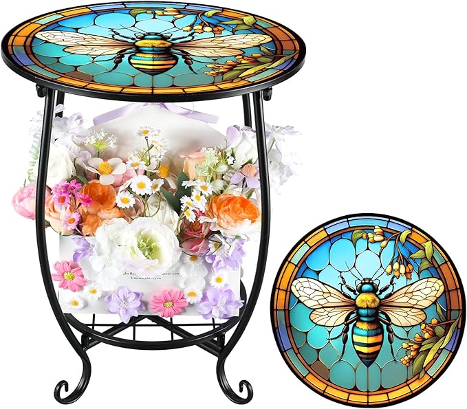Cinnvoice Outdoor Side Table Round Small Mosaic Patio Accent Indoor End Plant