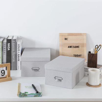 Soul & Lane Decorative Cardboard Storage Boxes with Lids, Set of 2 Stacking Keepsake Photo and Memory Boxes for Home & Office, Paperboard Organizers with Label Holders and Drawer Pulls, Cloud Gray