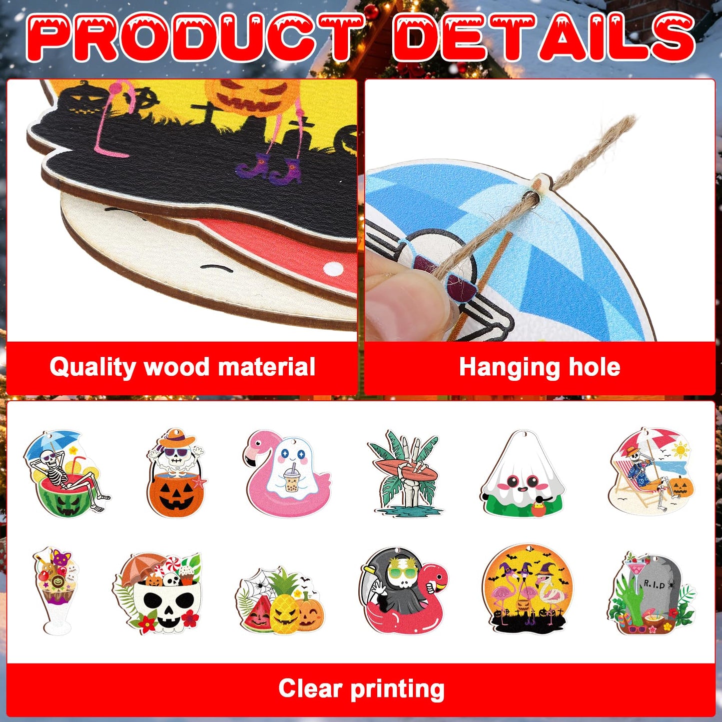 36 Pcs Summer Halloween Ornaments Hawaii Themed Hallows' Eve Ghost Wooden Hanging Ornament for Hawaiian Halloween Party Decor