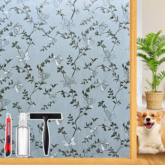 Frosted Glass Window Film with Elegant Flower Design, Bathroom Window Privacy Film for Glass Windows Cover, Static Cling, Removable, Reusable, Anti-UV, Anti-Glare, 17.5 Inch * 78.74 Inch