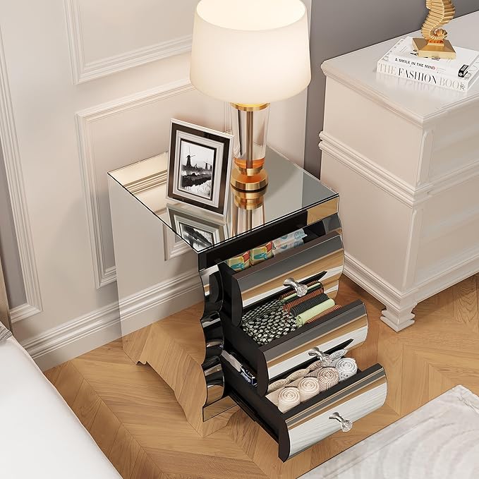 Curved Mirror Nightstand with 3 Drawer Glass Bedside Table