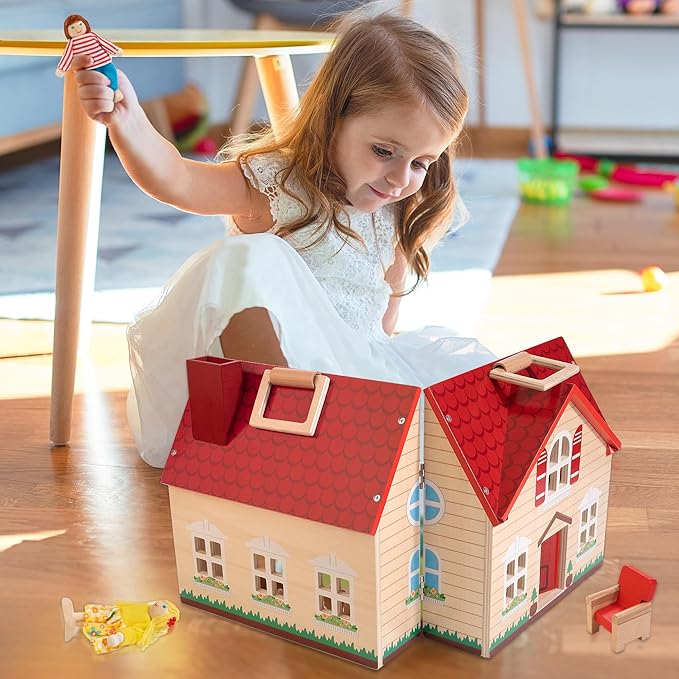 Foldable Wooden Dollhouse with 13PCS Furniture, 4 Rooms and 2 Flexible Dolls