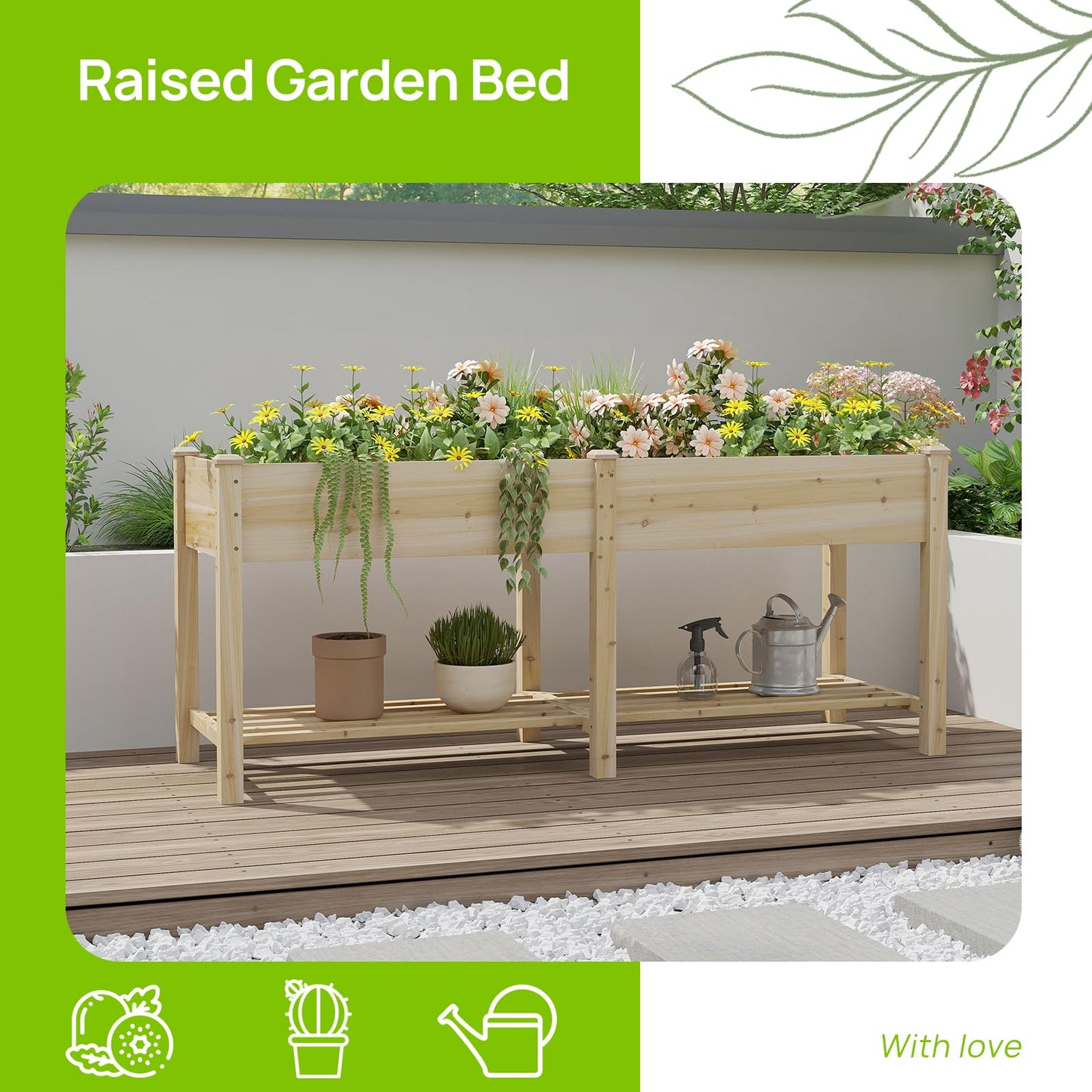 72x24x30.7 Wooden Planter Box with Storage Shelf Raised Garden Bed with Legs Elevated Wood Planter Box for Vegetables Flowers Herbs Garden Planter for Backyard Patio Balcony (Natural, Large)