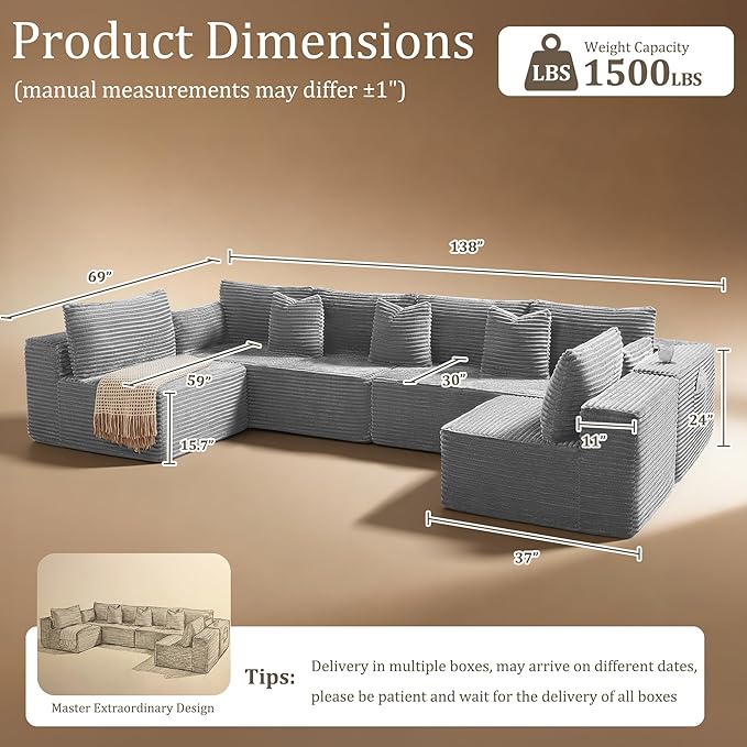 138" Cloud Sectional Couch, Comfort U Shaped Sofa