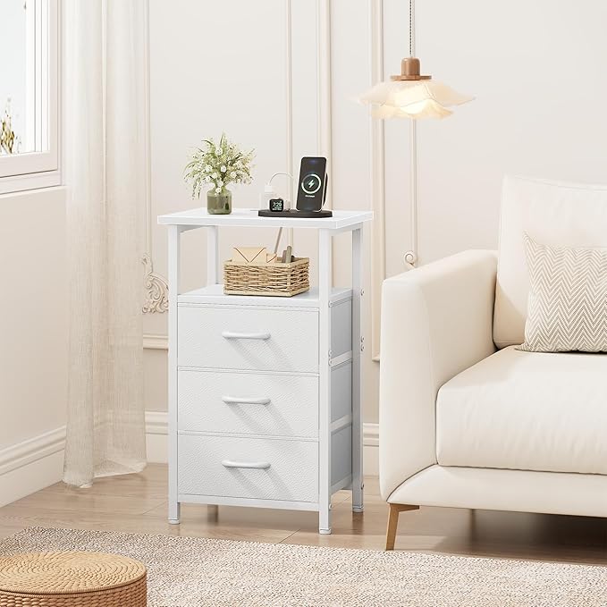 Vagusicc Nightstand with Charging Station, End Table Side Table with 3 Fabric