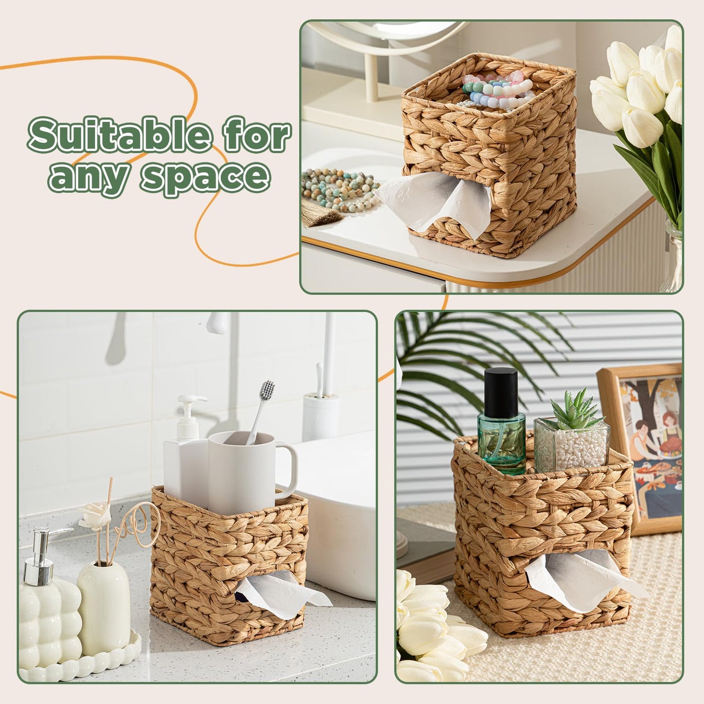 BrightRow Water Hyacinth Tissue Box Cover with Storage Tray, Rattan Wicker Box Holder Boho Handwoven Napkin Organizer for Desktop, Nightstand and Bathroom, Natural Modern Home Decor