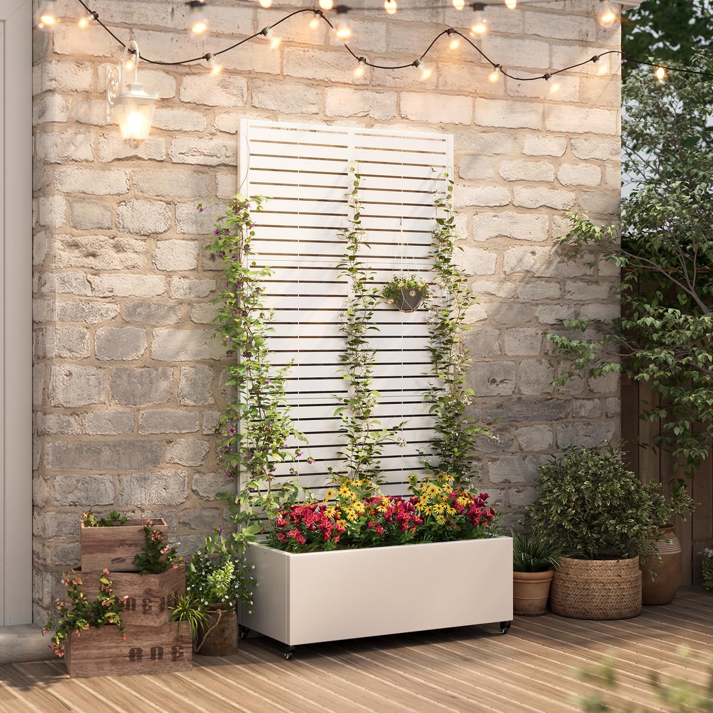 Metal Planter Box with Trellis,72"x35"x15",Privacy planters for Patio,Raised Garden Bed Trellis Outdoor Planter with Wheels and Drainage Holes,for Climbing Vegetables,Flowers,Vines,White