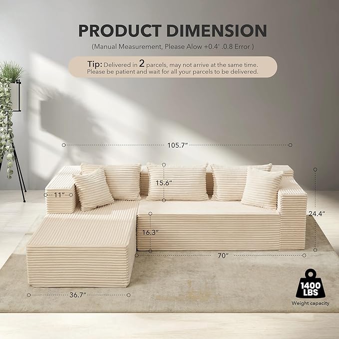 Hetoy Oversized L Shape Modular Sofa, Soft Modular Sectional Couch