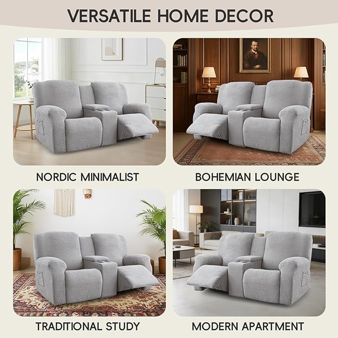 Recliner Loveseat Covers with Console, Stretch Geometric Strokes Jacquard
