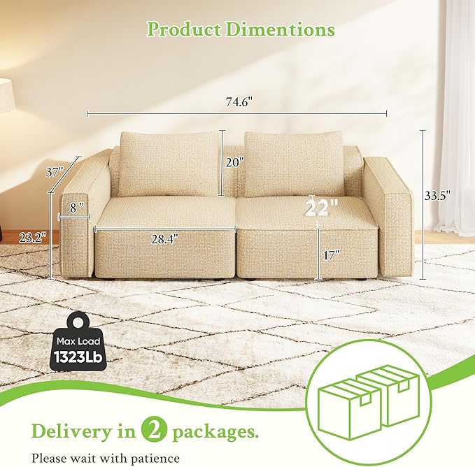Welzona 75" loveseat Sofa, Comfy Chenille Love Seat, Wood Frame Small Couches