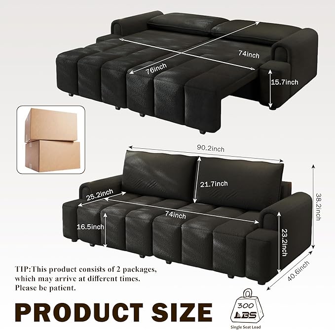 KEIKI 90.2" Modern 3-in-1 Sleeper Sofa Bed – Teddy Fabric 4-Seater Couch