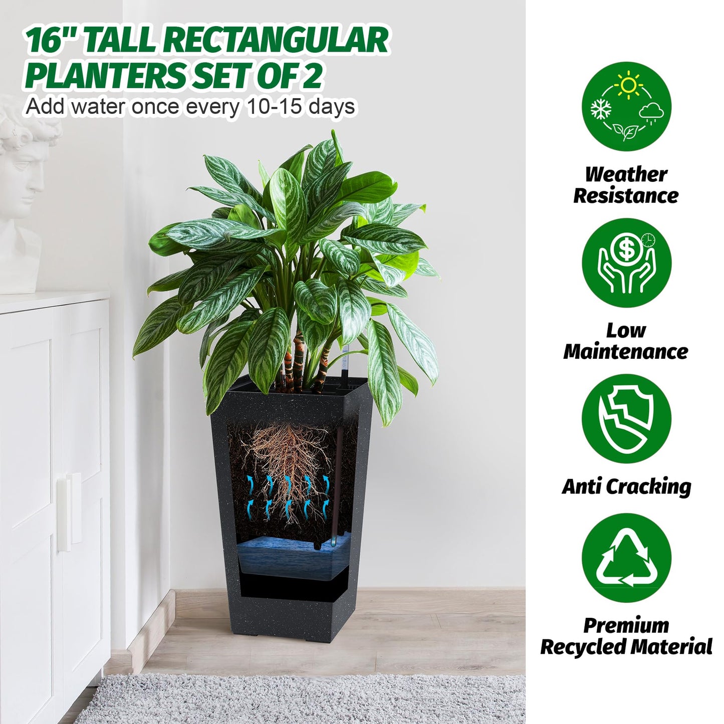 Garvee 16" Tall Planters Set of 2, Outdoor＆Indoor Black Planter Pots, High Front Porch Planter Pots with Drainage Holes＆Water Level Monitor＆Inner Bucket,Black