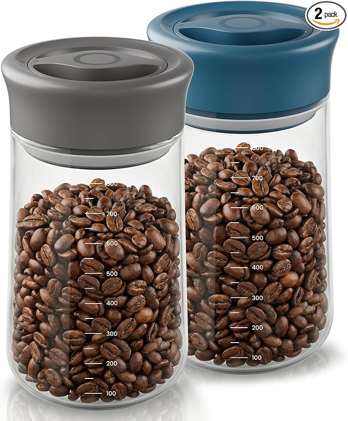 LAKUMIQI Overnight Oats Containers with Lids, 2 Pack 27oz Glass Jars with Airtight Lids, Wide Mouth Mason Jars, Food Coffee Bean Storage Containers for Yogurt, Chia Pudding, Snack, Salad(Blue+Grey)