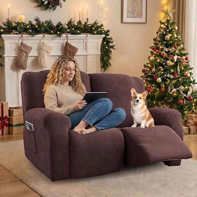 Recliner Loveseat Covers, 4-Piece Stretch Geometric Strokes Jacquard Reclining