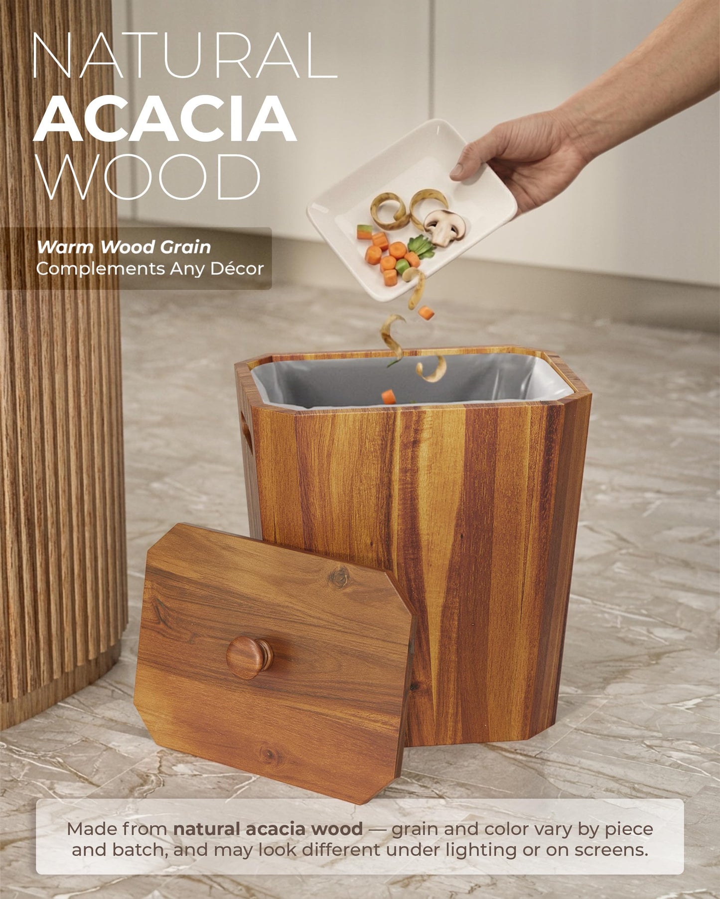 BLUEWEST 2.6 Gallons Acacia Wooden Wastebasket with Lid & PP Liner – Small Trash Can for Bathroom, Bedroom, Office – Decorative Wood Bin with Handle for Under Counter Use