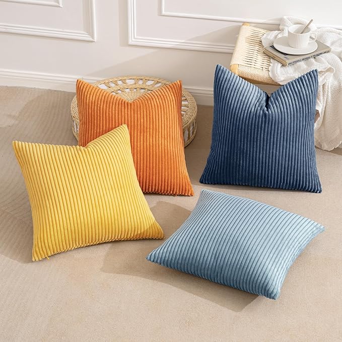 MIULEE Pack of 4 Blue-Orange Corduroy Decorative Throw Pillow Covers 18x18 Inch