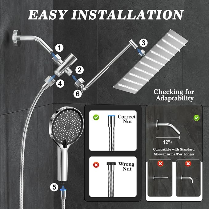 12 Inch Shower Head, Rain Shower Head with Adustable Extension Arm, Detachable Silver Rina Shower Head with Handheld Spray, High Pressure Shower Hose with Holder in Bathroom(Silver)