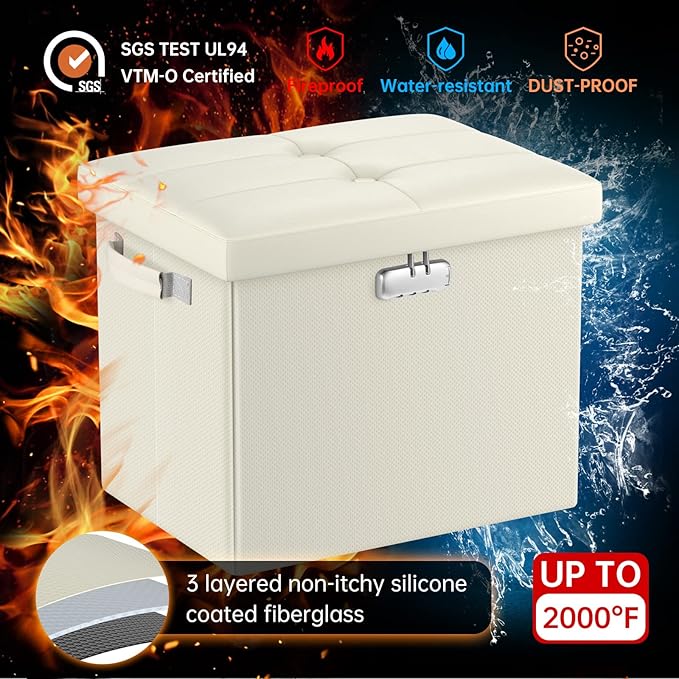 DocSafe Storage Ottoman with Lock, Fireproof＆Waterproof 17 Inches Folding