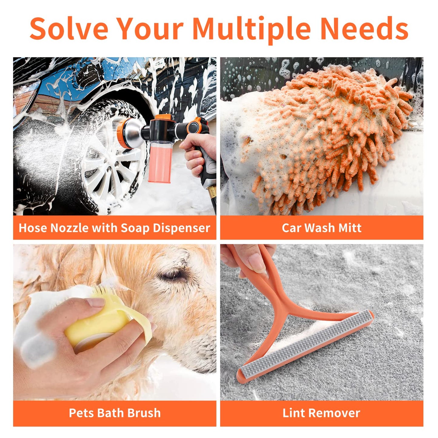Hongmai Garden Hose Nozzle,8 Patterns Hose Sprayer High Pressure,Heavy Duty Dog Wash,Metal Water Hose Nozzle with Soap Dispenser,Car Wash Foam Gun With Pets Things