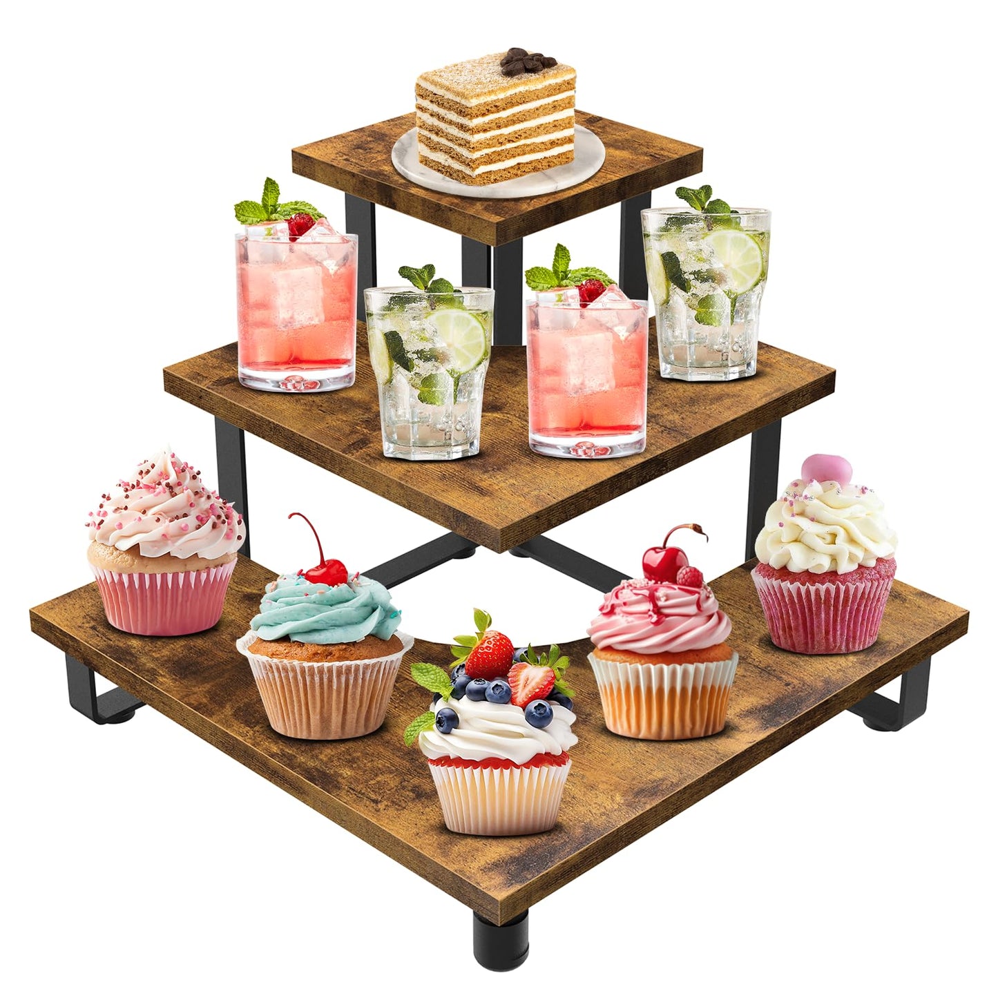 ELITEROO 3-Step Tiered Corner Display Shelves, Portable Wooden Retail Cupcake Food Stand Display Table, Collectibles Riser Tower Stand, Vendors Display Shelf Rack, Farmers Market Counter Top Risers