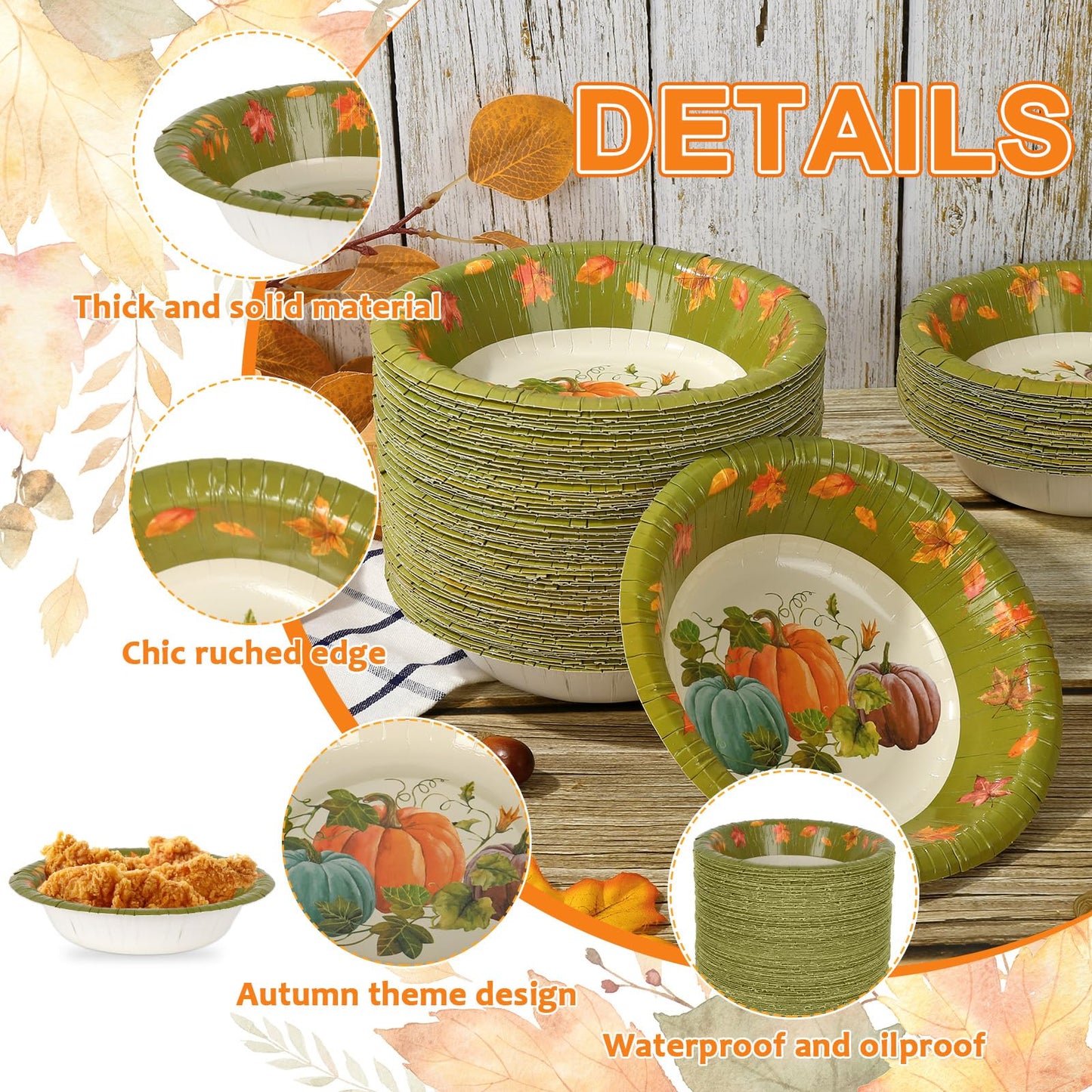 Whaline 100 Pcs Fall Paper Bowls Pumpkin Maple Leaves Treat Snack Cups Watercolor Ice Cream Bowl for Autumn Thanksgiving Food Party Supplies