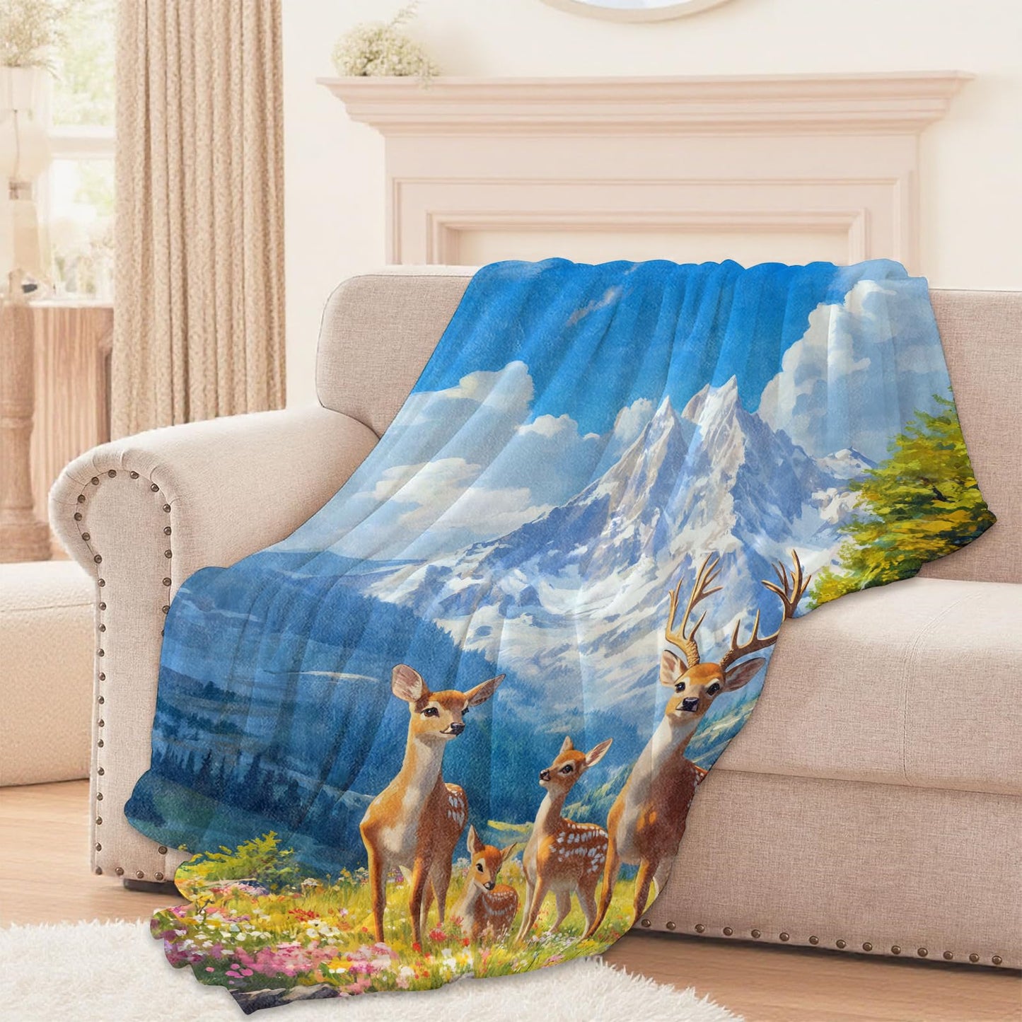 Lugiu Cute Deer Blanket, Lightweight Comfy Flower Meadow and Wildlife Throw for Couch Sofa Bedroom, Soft Cozy Travel Flannel Nature Romantic Blankets Gifts for Women Girls Kids, Home Decor 60×50in