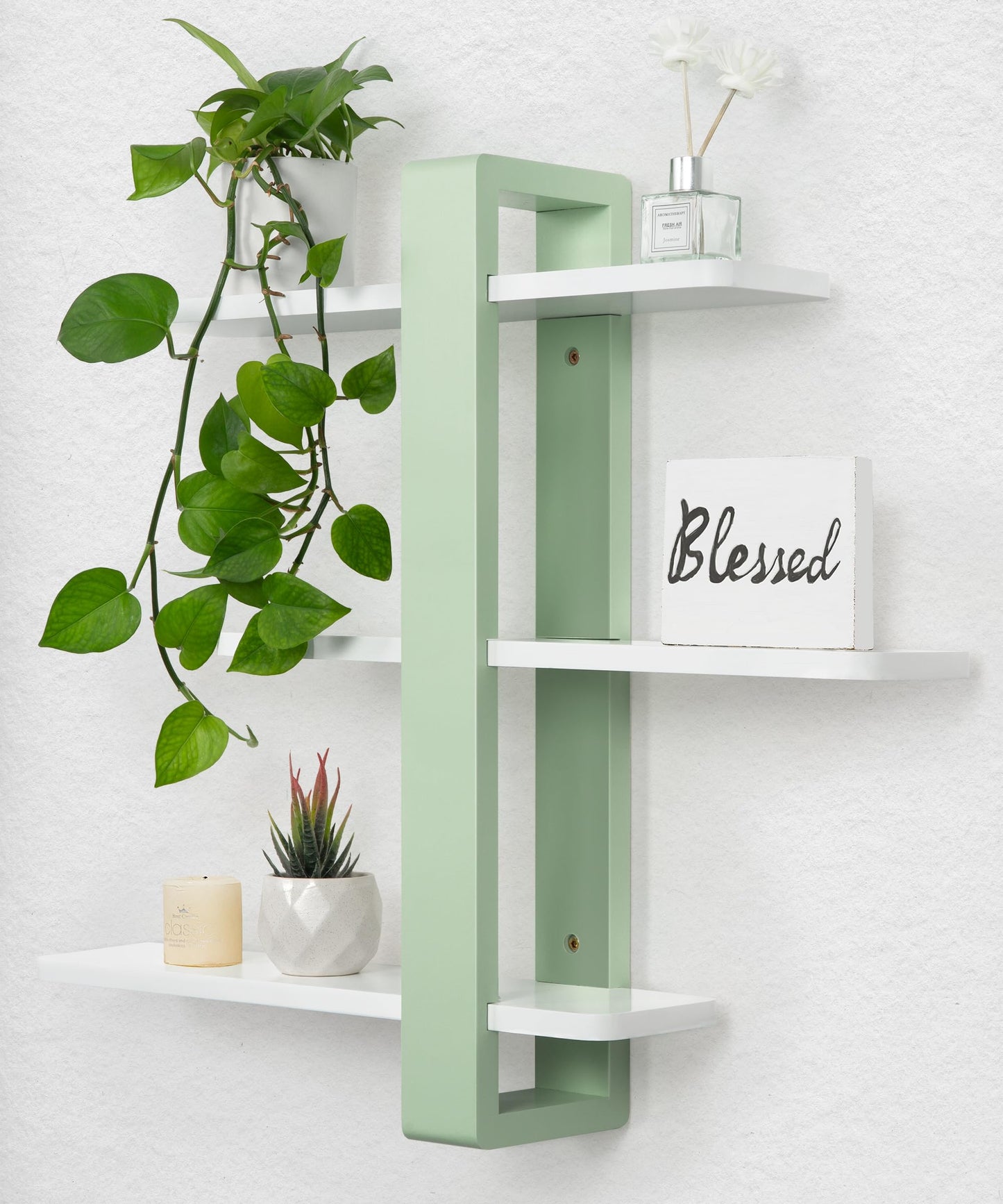 SUMGAR Green Floating Shelves for Wall Mounted Shelving Unit All Pine Wood 3 Tier Large Shelf for Bedroom Living Room Office Bathroom Home Decoration Storage Plant Photo Display Modern 20in Mint Green