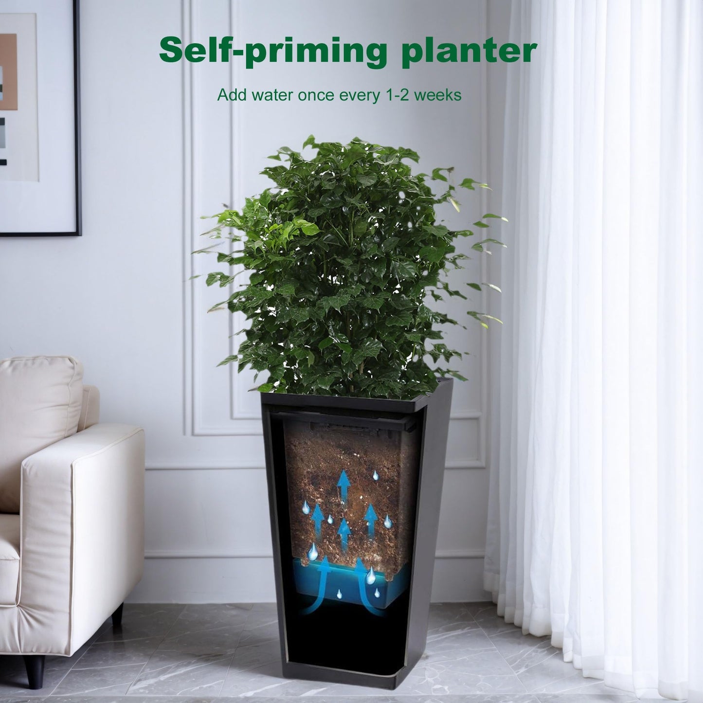 Ningering 22'' Tall Outdoor Planters Set of 2, Front Porch Planters with Drainage Holes ＆ Water Level Monitor ＆ Inner Bucket, Large Black Planter for Outdoor Indoor Plant