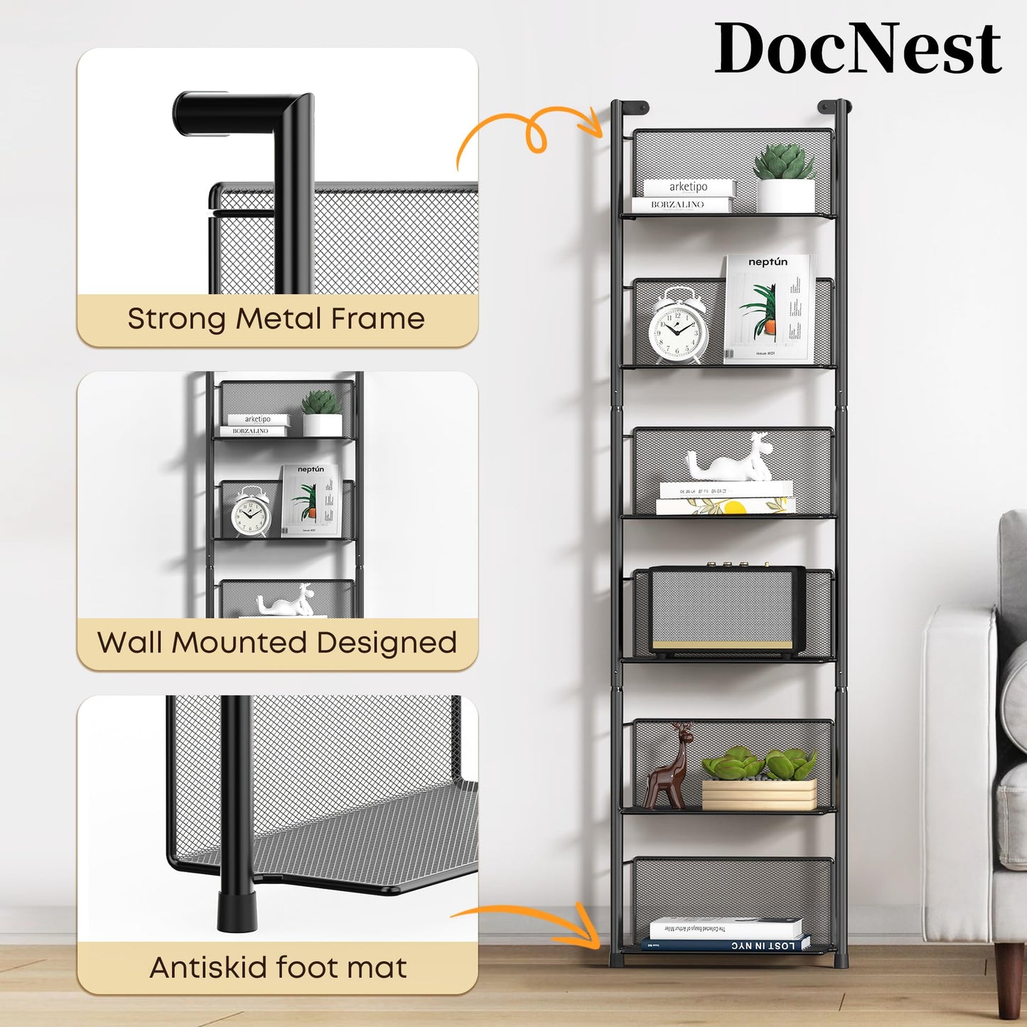Docnest 6 Tier Ladder Shelf Wall Mounted, 47.6 Inch Metal Bookshelf Organizer, Modern Floating Shelves for Plants Books Home Decor, Black