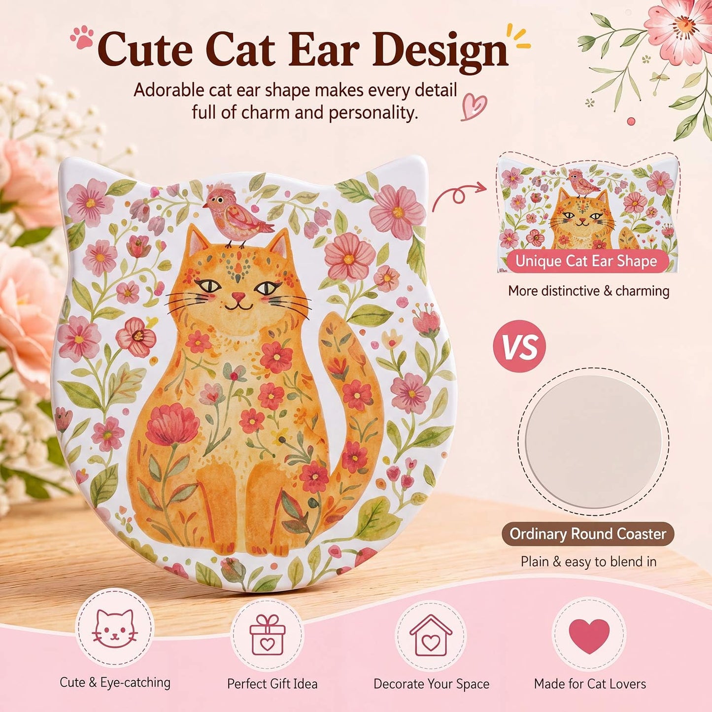 LemonRoad 4 Pack Cat Ear Coasters for Drinks 4.25 Inch Cute Absorbent Ceramic Coasters Non-slip Wooden Base for Housewarming Cat Lovers Gifts Kitchen Home Office decorate for Cold Drinks Wine Mugs Cup